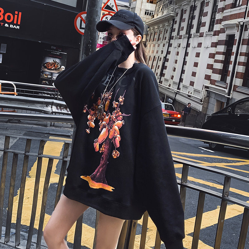 Sweater women loose bf lazy wind jacket round neck sleeve 2021 autumn and winter plus velvet medium and long version of the top tide ins