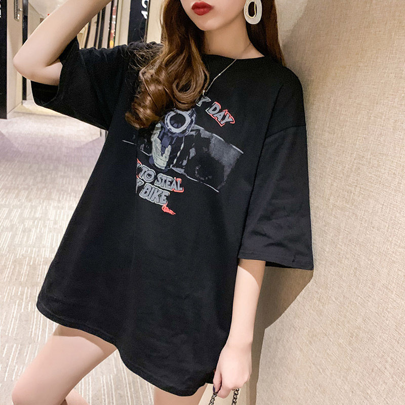 Ins tide super hot cartoon print short-sleeved new 2022 summer Korean version loose mid-length bf student top