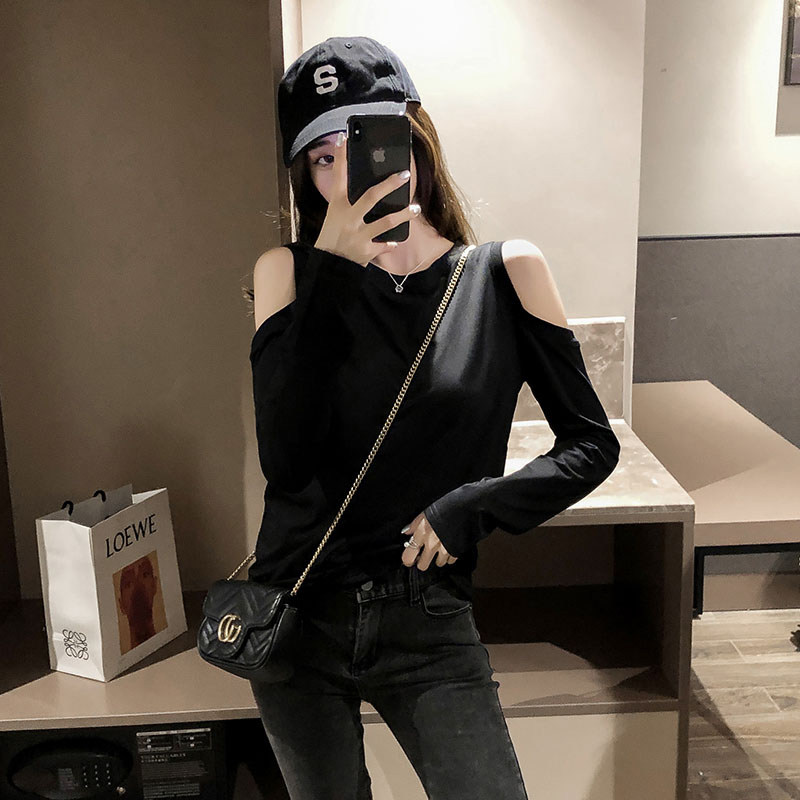 Dew shoulder blouse 2022 new spring and autumn T shirt girl sleeve relaxed Han Edition red - hot red coat