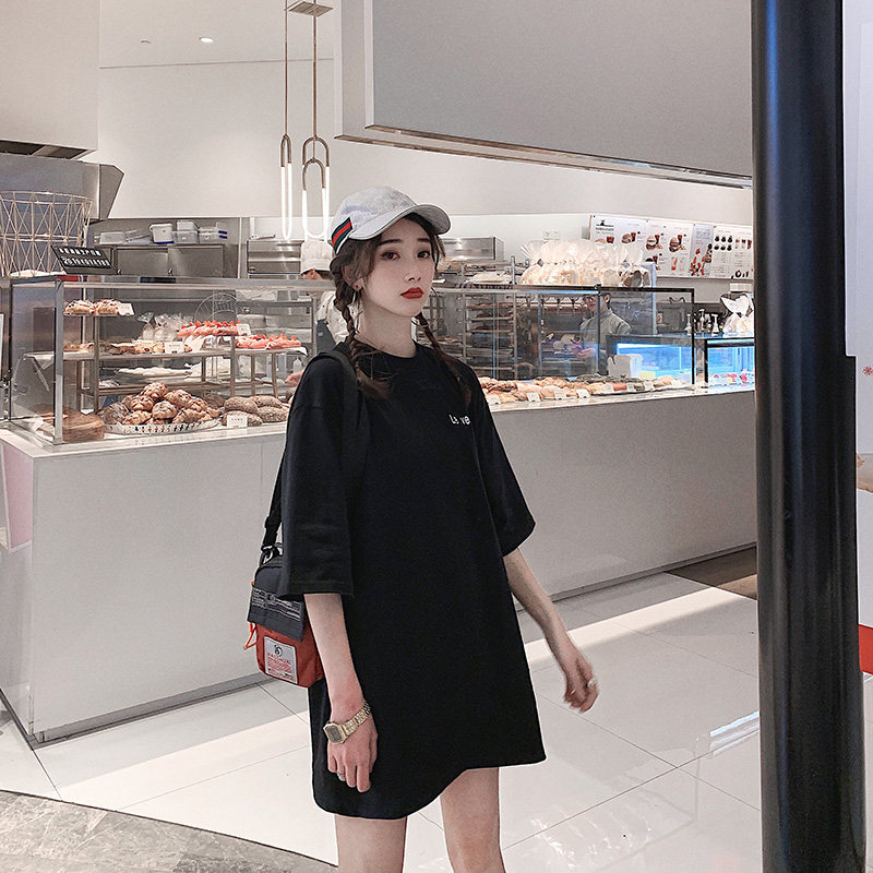 Large size embroidered short sleeve t-shirt in tide half-sleeve T-shirt summer new loose medium and long version bf black tops