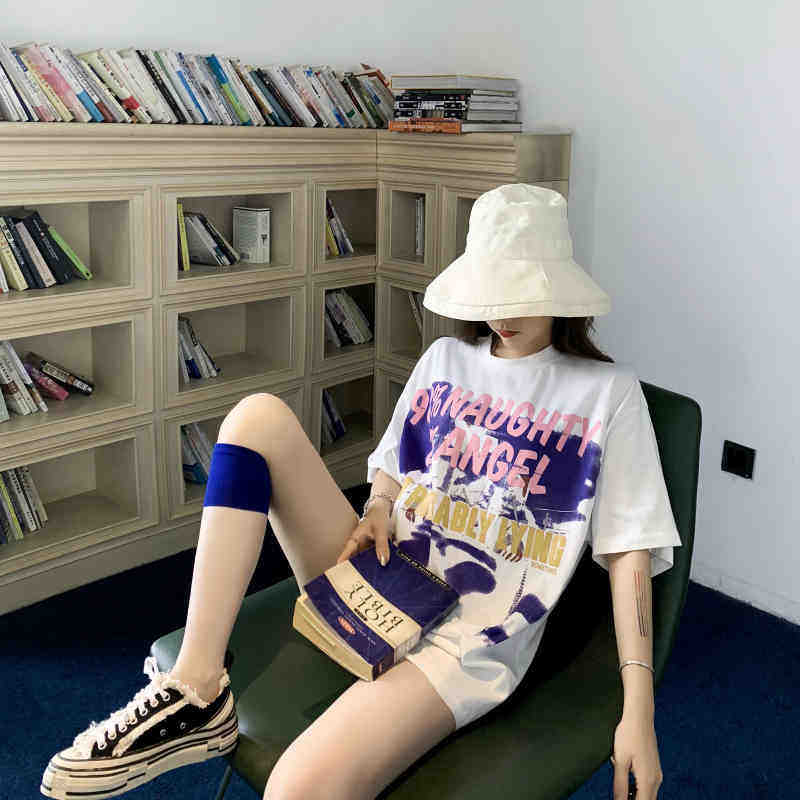 Net red printing white short-sleeved T-shirt female ins tide brand summer new Korean version medium and long version loose bf foreign style top
