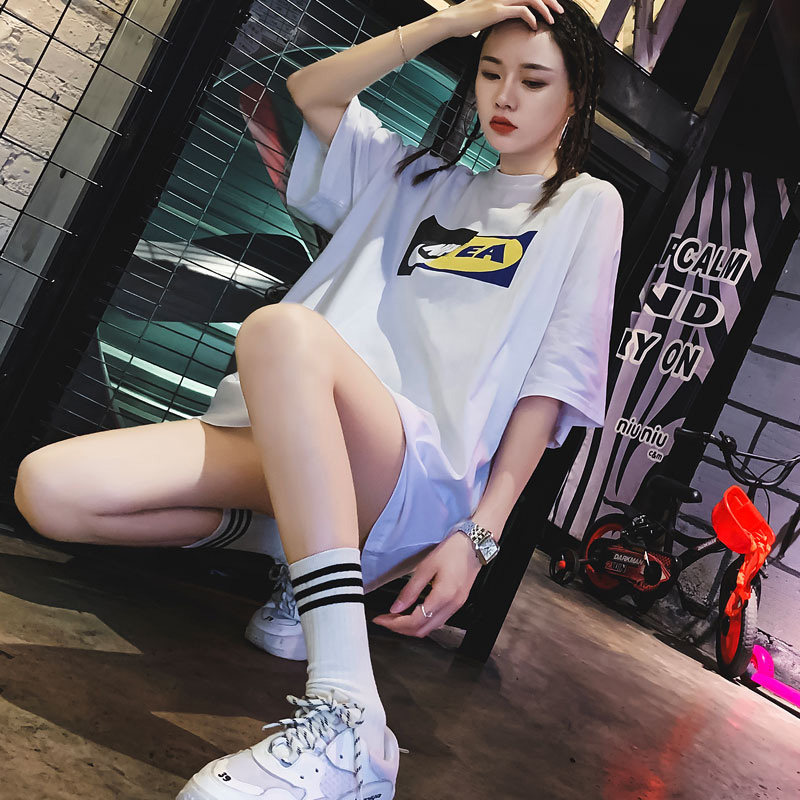 White T-shirt woman short sleeve 2022 new Korean version of the long version pure cotton European stock big version loose bf wind net red ins tide