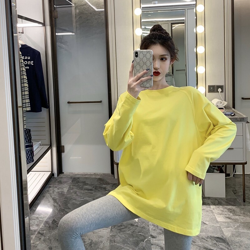 Large size medium long version T-shirt woman 2022 new fall Korean version easy to beat undershirt mesh red ins tide round collar blouse