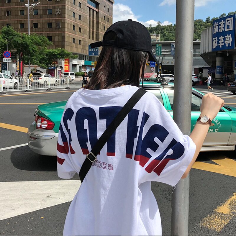 Large size white short sleeves T-shirt women ins hyperfire half sleeves Summer Korean version loose with long version of bf letter blouses