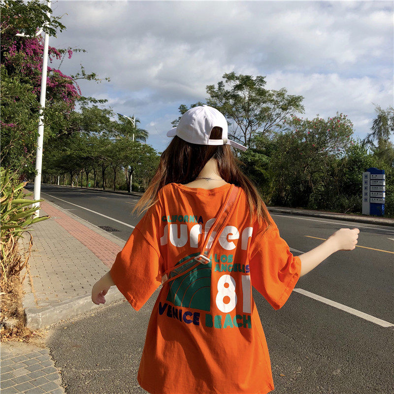 Large size short sleeve T-shirt female pure cotton 2022 new Summer Korean version loose chic letter blouses with overfire boarder