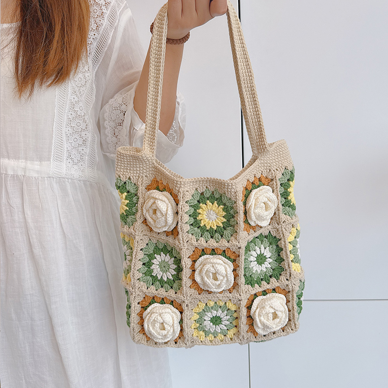 Grandmother-Style Single-Shoulder Handmade Woven Bag DIY Material Kit Camellia Bag Yarn Crochet Gift for Girlfriend