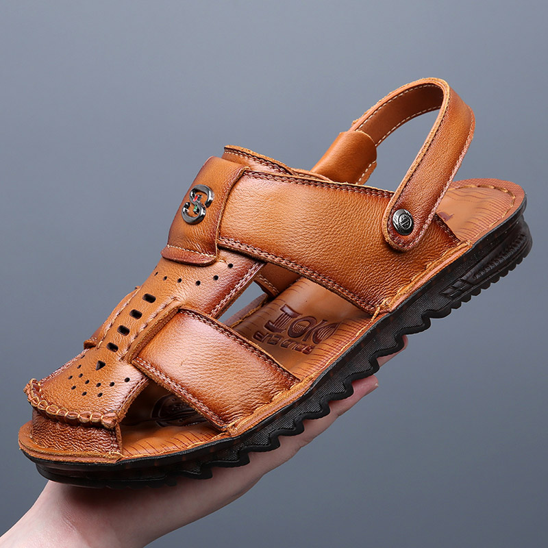 Tendon bottom sandals men's head layer cowhide non-slip wear-resistant beach shoes genuine leather outdoor middle-aged and elderly dad shoes driving