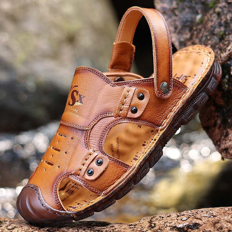 Tendon Sole Baotou Sandals Men's Top Layer Leather Beach Shoes Non-slip Wear-Resistant Leather Casual Shoes Slippers Outdoor Driving