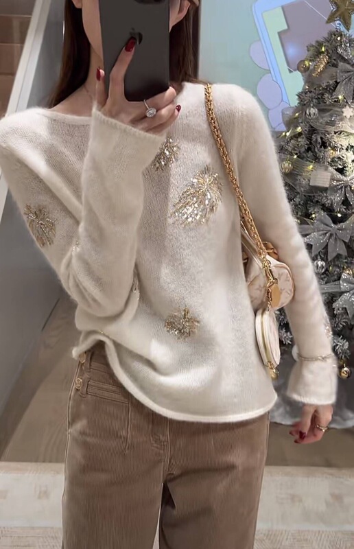 New Heavy-Duty Fireworks Show-Style Beaded Sequin Knit Sweater for Women, Loose and Lazy Style, Soft and Cozy Sweater Jacket Top