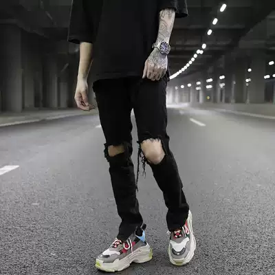 FOG classic broken hole zipper jeans kanye High Street wind tide men wild black slim denim pipe pants