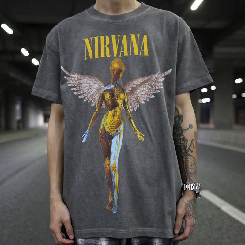 INS super fire net red with the same European and American high street rock band Nirvana angel retro washing men and women tide T-shirt short sleeve