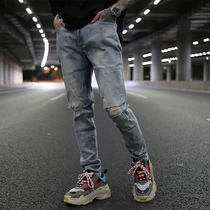 European and American High Street wind heavy wash water to do old broken hole light color elastic small feet slim jeans tide GD KANYE