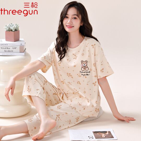 Three-gun summer pajamas for women, pure cotton short-sleeved cropped pants, home clothes, summer cartoon casual cotton large size suit