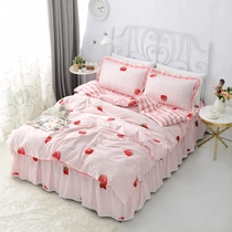Pure cotton thickened clip cotton four sets bed skirt type lotus leaf side quilt cover 2 0 m full cotton non-slip bed cover
