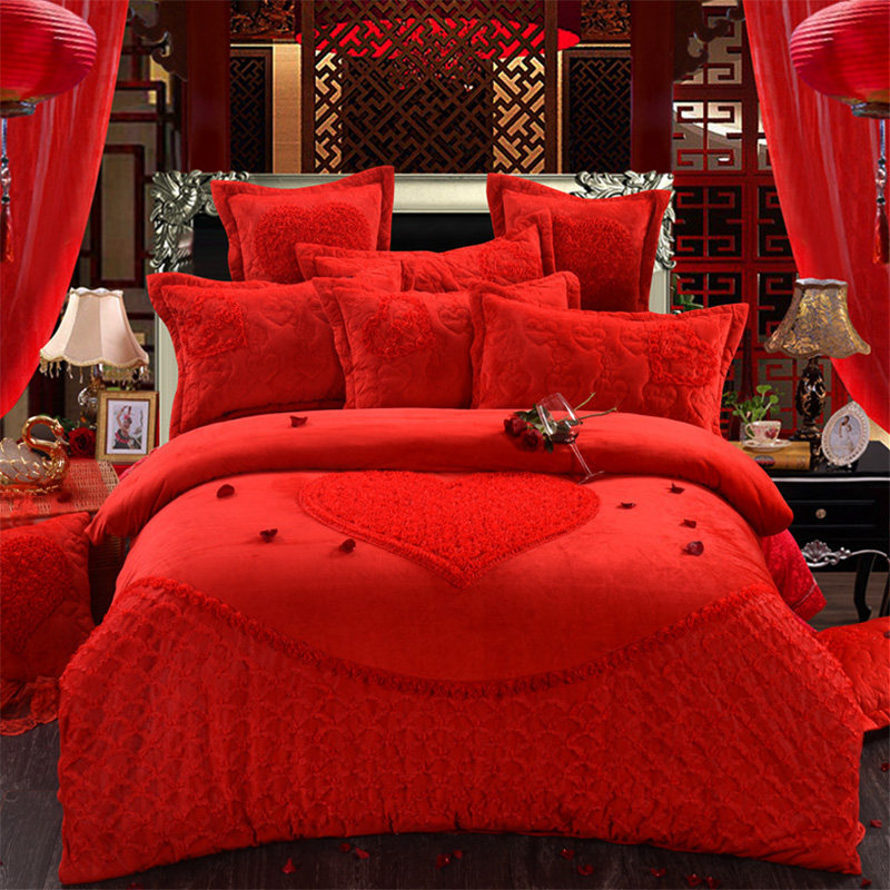Big Red Wedding Celebration Love Quilt Cover Wedding Autumn Winter Thickened Bed Skirt Four Pieces Of Crystal Fleece Clip Cotton Bed Cover Six Sets