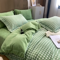 Houndstooth winter warm thick double-sided milk fleece four-piece set carved coral fleece flannel bedding
