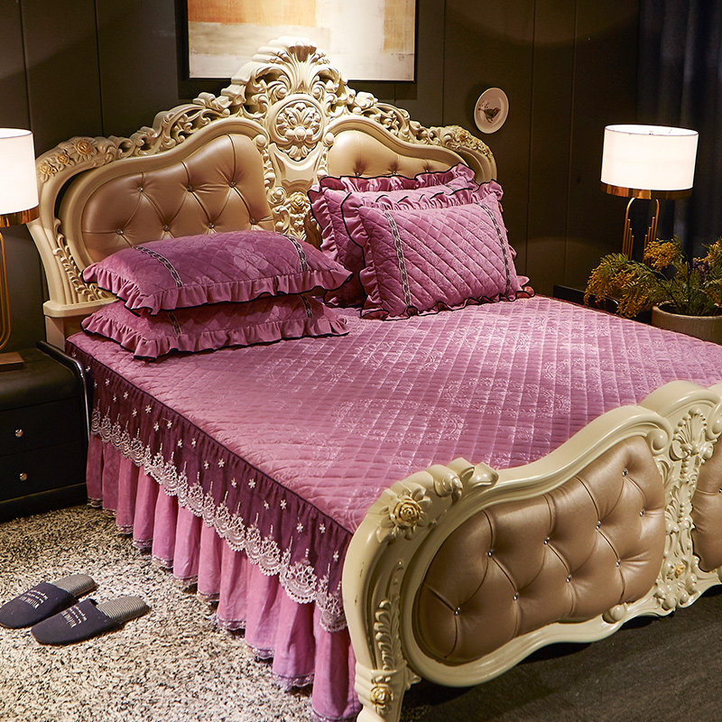 European-style embossed bed end thickened crystal velvet quilted double-sided bed skirt double-layer lace bed sheet bed cover cover