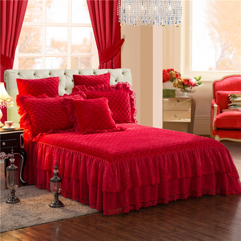 European-style quilted bed skirt warm and thickened crystal velvet plus cotton bedspread bed cover Korean version bed sheet dust cover