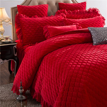 Thickened Flannel Flannel Bed Skirt Four Pieces Large Red Wedding Celebration Coral Suede Bed Cover Warm Crystal Suede