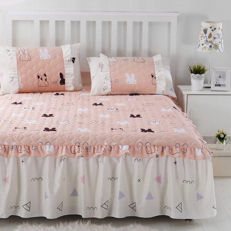 Pure cotton bed skirt quilted single piece cotton bedspread Korean pillowcase three-piece set cartoon lace bed cover bed surround