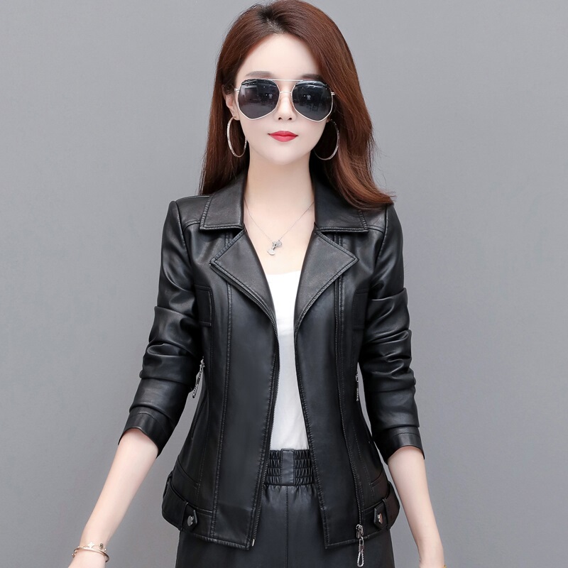 2026 Autumn/Winter New Haining Leather Jacket for Women, Short Style with Suit Collar, Slim Fit, Slimming Leather Jacket with Cotton Lining, Thickened Small Coat
