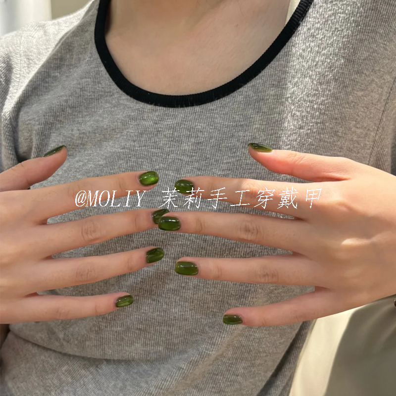 Spring and Summer New Style Emerald Gemstone Cat's Eye Pure Handmade Nail Art Peridot Avocado Green Wearable Nails That Enhance Complexion Are Popular