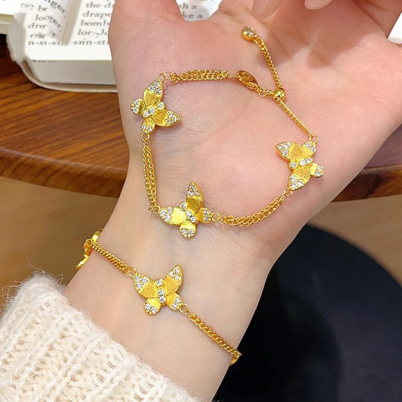 Three Butterfly Bracelet with Drill-Inlaid Brushed Gold, Imitation Gold, New Chinese Style Bracelet, Light Luxury, Long-Lasting Color