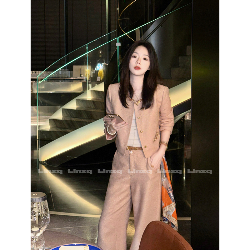 Lin Ziqiu [Senna Melody] Hand-Woven Ribbon Pearlescent Texture Short Shoulder-Length Jacket + Pants Two-Piece Set