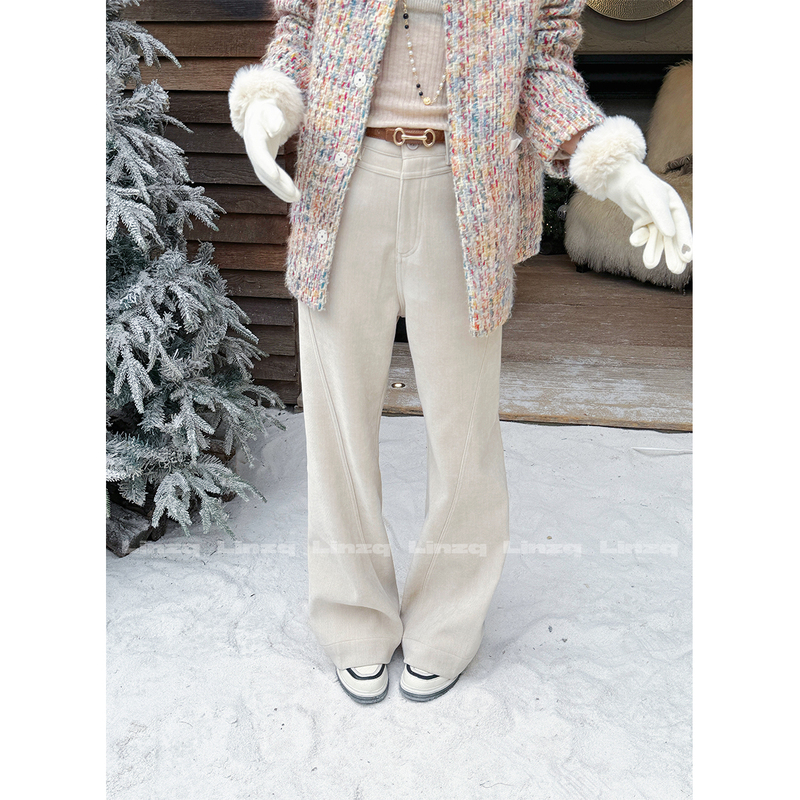 In Stock Lin Ziqiu [Cappuccino] Milk Tea Color Segmented Design Flared Pants with a Slimming Effect Casual Pants