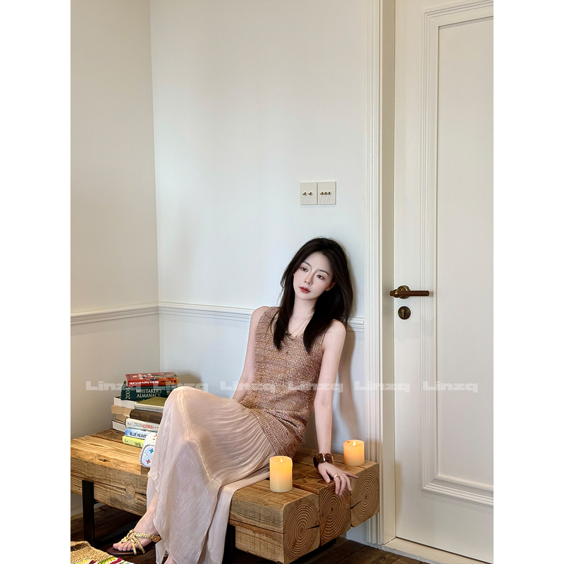 Lin Ziqiu [Mermaid] Tweed Patchwork Sleeveless Dress Fairy-Like Slim Fit Long Dress Tank Dress