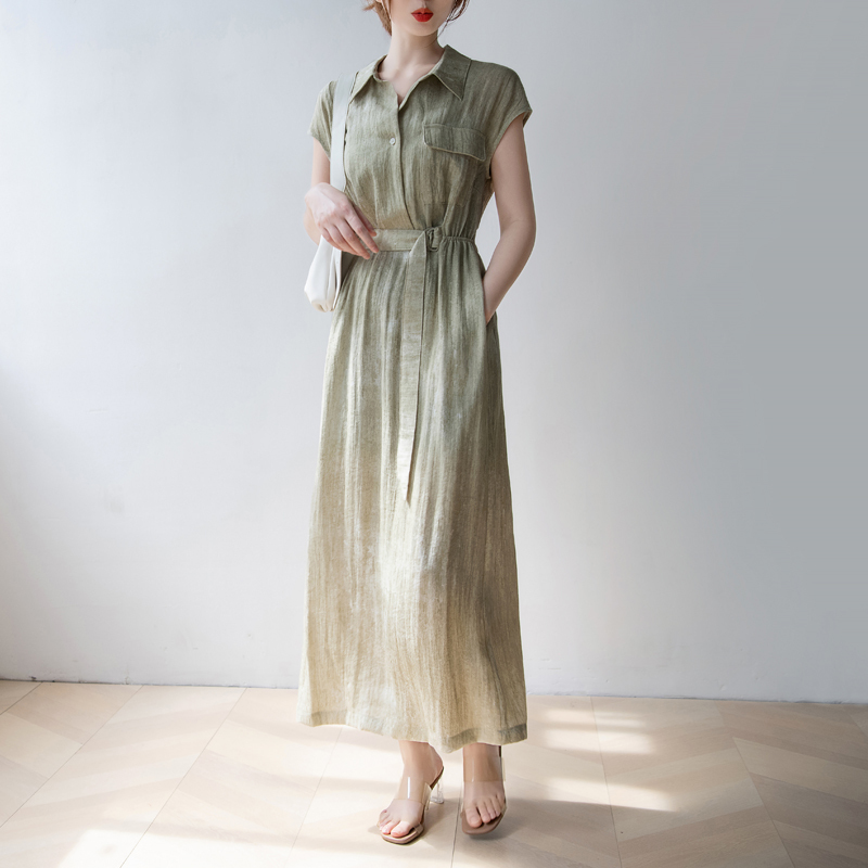 High-End Light Green Linen Shirt Collar Long Dress for Women Summer 2026 Accessible Luxury High-End Waist Slimming Long Dress