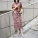 ສີບົວ French retro leopard print temperament dress women's puff sleeve slit floral skirt summer waist slimming long skirt