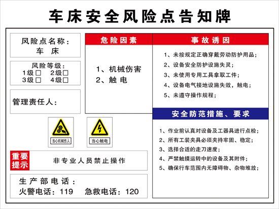 Lathe safety risk point notice card beware of electric shock and electric hazard warning occupational hazard notice card