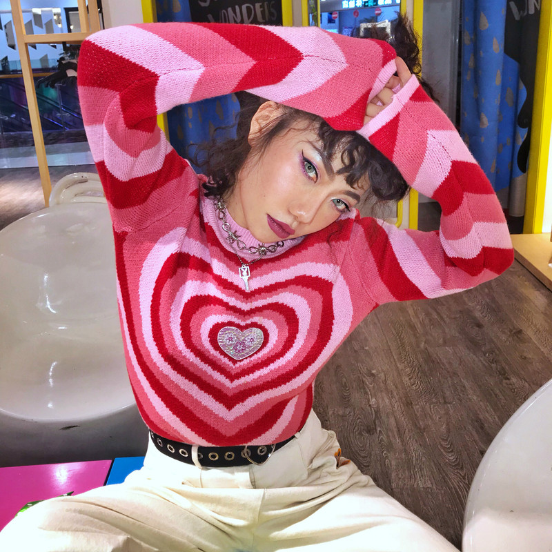 【Power Station】2019 Spring Collection Psychedelic Heart Retro Slim Fit Fashionable Pink Pullover Knitted Sweater