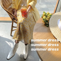 autumn Jun autum fold yellow chiffon floral skirt women Summer Medium-length dress Joker high waist skirt