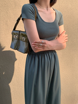 autumn Jun autum U collar ice silk knitted short sleeve T-shirt female summer slim Joker stretch short top