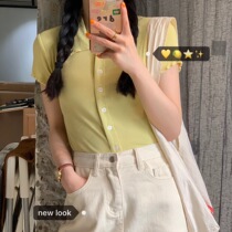 autumn Jun autum pure color short polo shirt female summer slim wave edge knitted thin coat cardigan T-shirt