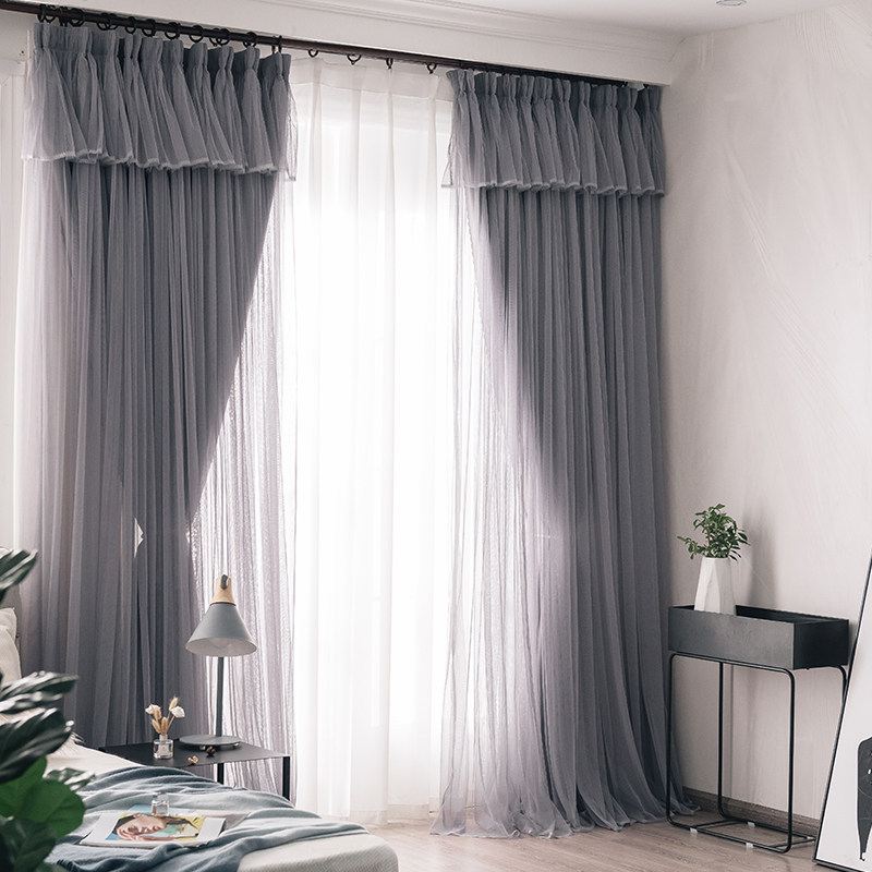 Nordic Modern Simplicity Joins Grey Cloth Yarn Integrated Curtain Living Room Light Lavish Veil High-end Double Shading Bedroom