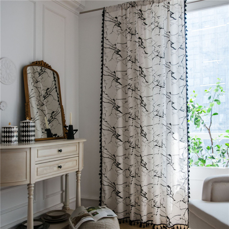 Curtain Finished White Marble Textured American Small Window Living-room Book Room Curtain Cotton Linen Semi-Shading Floating Windows Foreign Trade