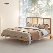 Rattan wabi-sabi style solid wood bed B&B hotel Nordic modern furniture simple style double master bedroom rattan bed