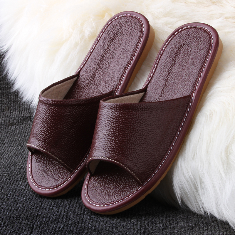 American-Style Genuine Leather Slippers for Men and Women, Indoor Non-Slip Soft-Soled Cowhide Slippers for Home Use, Odor-Resistant Summer Slippers
