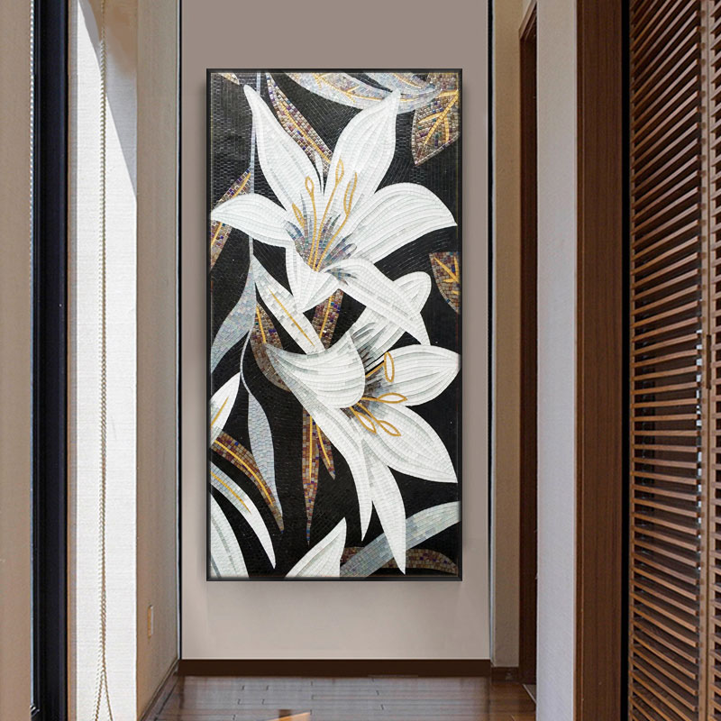 Glass mosaic lily living room entrance background wall Simple modern puzzle cut painting European decorative mural