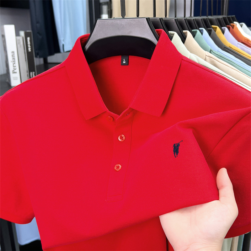 Paul Genuine Bright Red Short-Sleeve T-Shirt for Men, Ice Silk Cotton Short-Sleeve T-Shirt, Men's Polo Shirt, Big Brand Three-Button Design