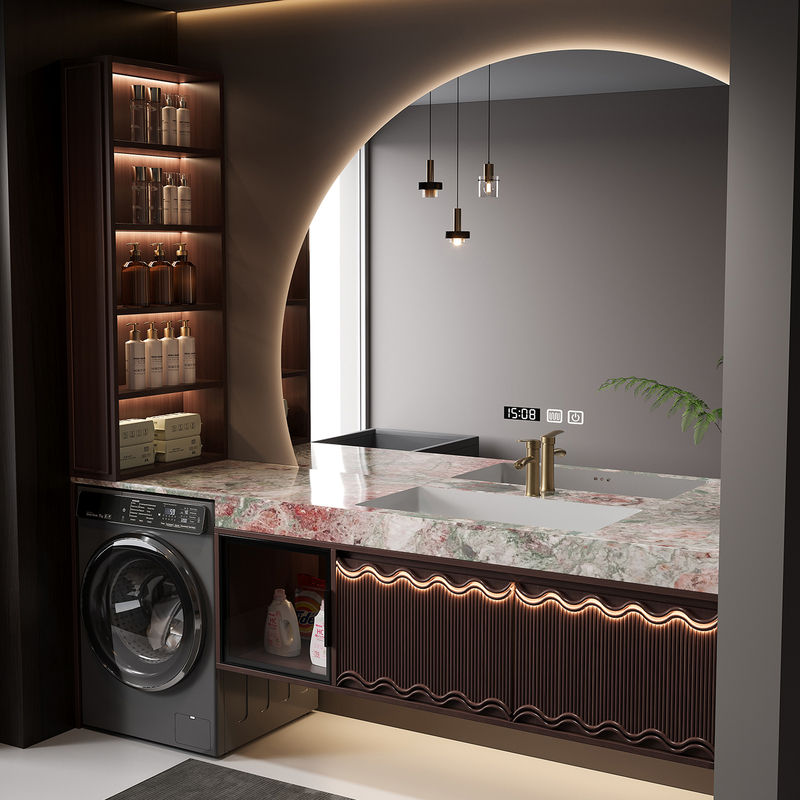 Modern Minimalist Balcony Washing Machine Integrated Cabinet Set, Oak Bathroom Vanity with Seamless Rock Slab Washbasin