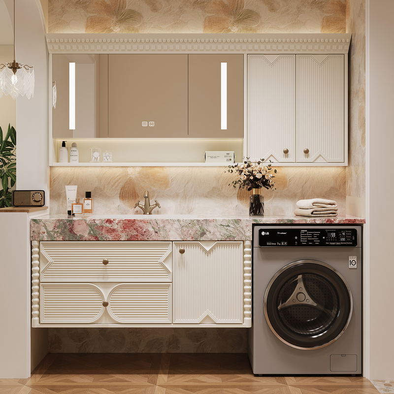 French-Style Balcony Oak Washing Machine Integrated Cabinet Bathroom Washing Machine Cabinet Combination with Integrated Basin Bathroom Sink