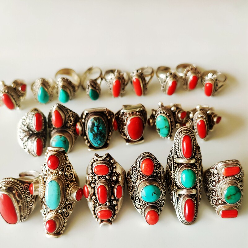 Tibet Nepal Mongolia jewelry ethnic style sterling silver inlaid turquoise ring ring live ring adjustable wrench