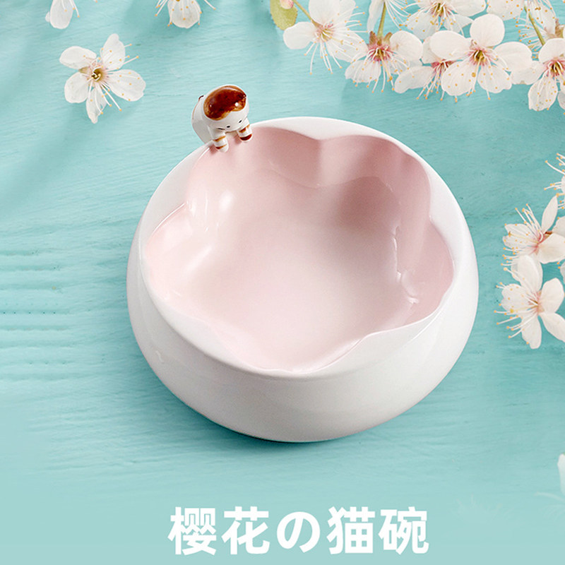 Cherry blossom cat bowl ceramic anti-tip cat cute food bowl double bowl cat food bowl water bowl big face cat flat face pet bowl