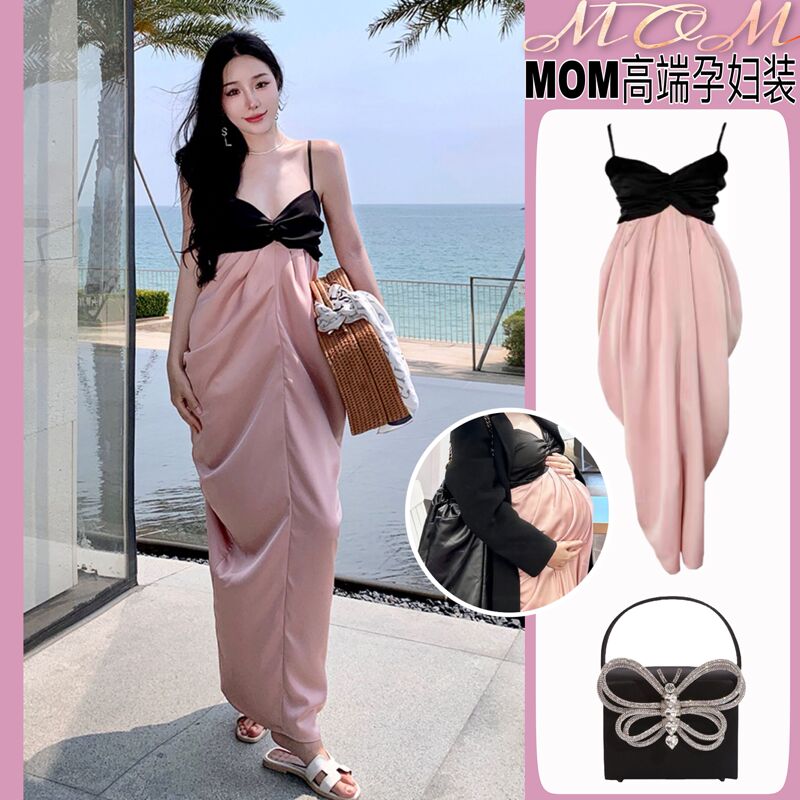 Birthday Party Dress, High-End and Elegant, Floral Strap Dress, Maternity Wear, Summer Acetate Satin Holiday Long Dress