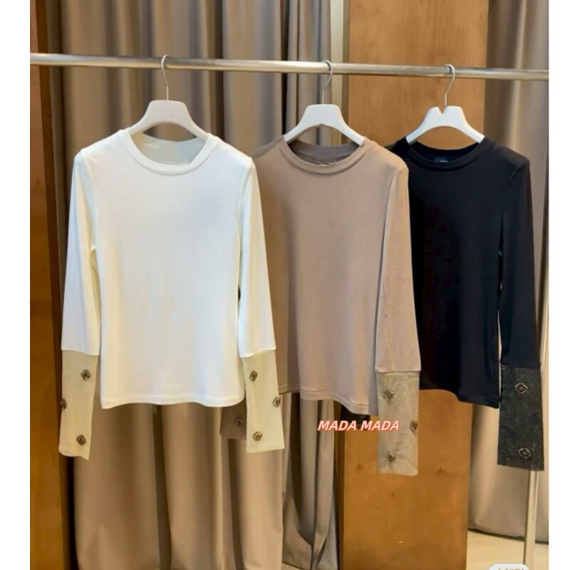 Mom~ 2026 Early Spring New Style Patchwork Round Neck Base Shirt, Long-Sleeved T-Shirt Top for Women with Heavy Beading on the Cuffs