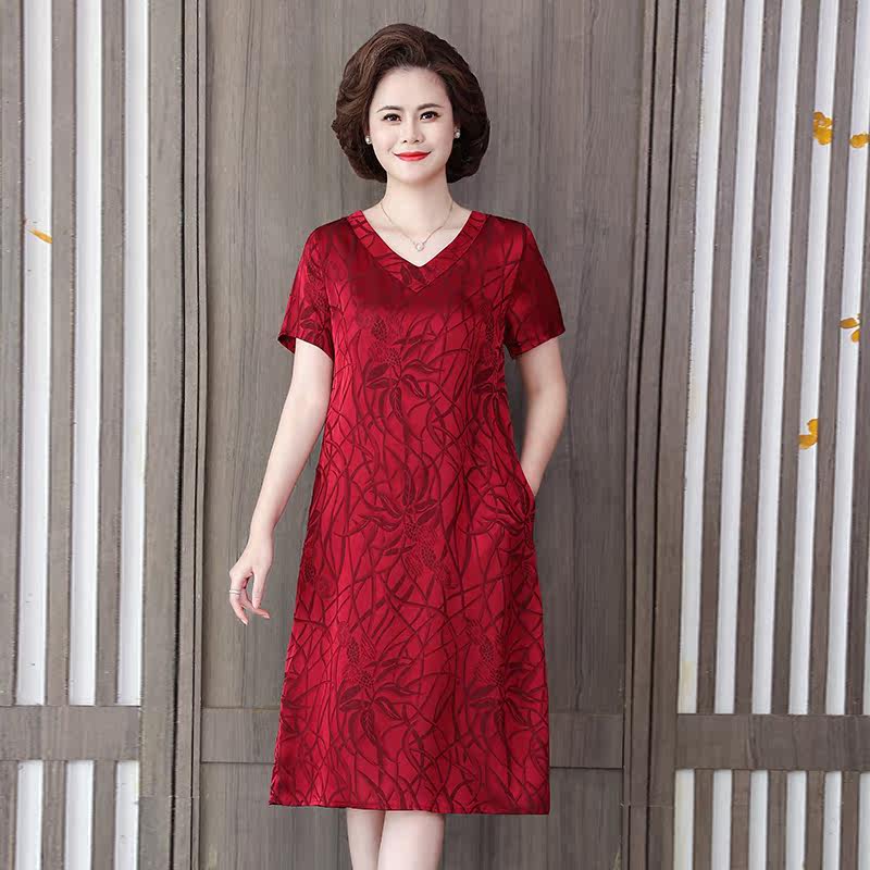 Middle-aged and elderly women's summer short-sleeved imitation silk dress mother dress satin printed v-neck solid color mid-length skirt